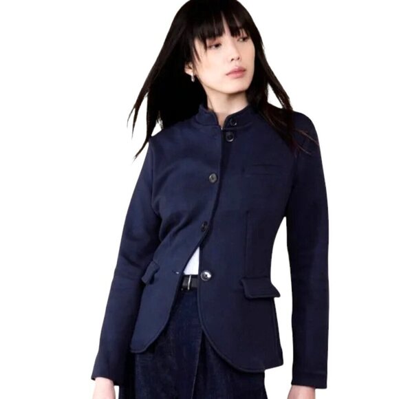 Banana Republic Pique Military Navy Knit Band Collar Blazer Jacket - Picture 1 of 14